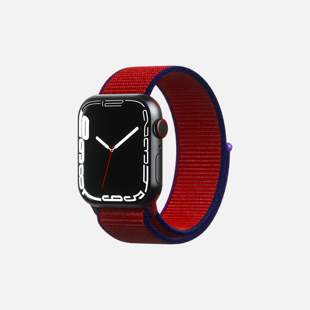 Smartwatch with red and blue strap on white background.