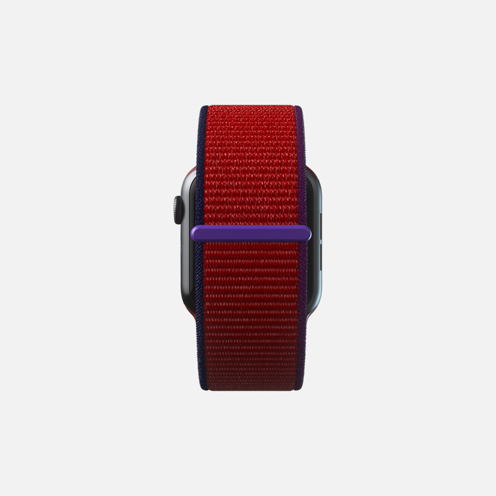 Red and purple woven smartwatch band on a grey smartwatch, isolated on white background.