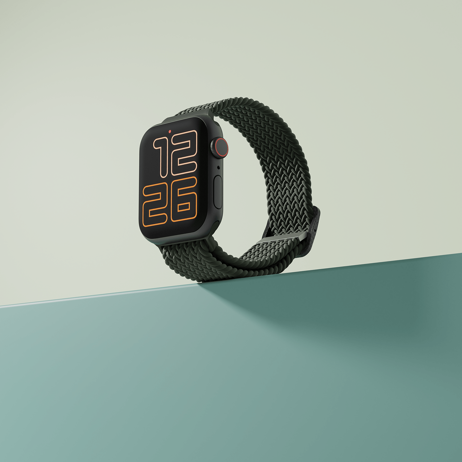 Smartwatch with green strap on multicolored background