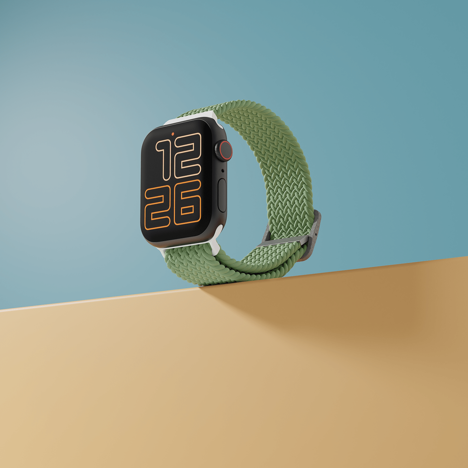 Smartwatch with green braided band on dual-tone background.