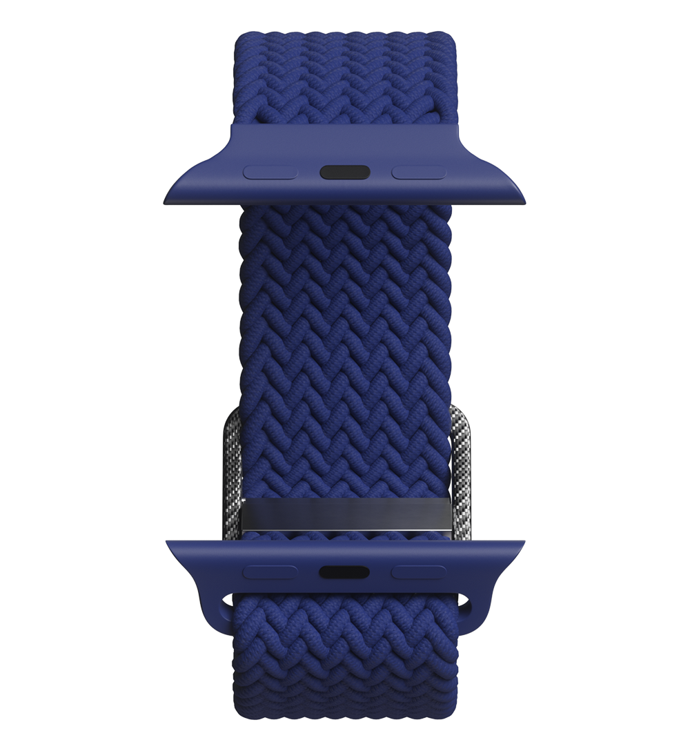Blue braided watch strap with metal connectors on a white background.