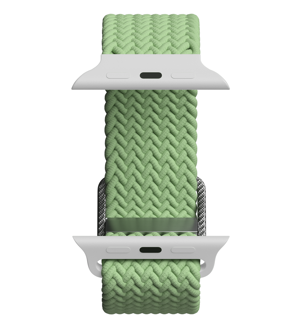 Green braided silicone watch band with silver adapters and pin closure.
