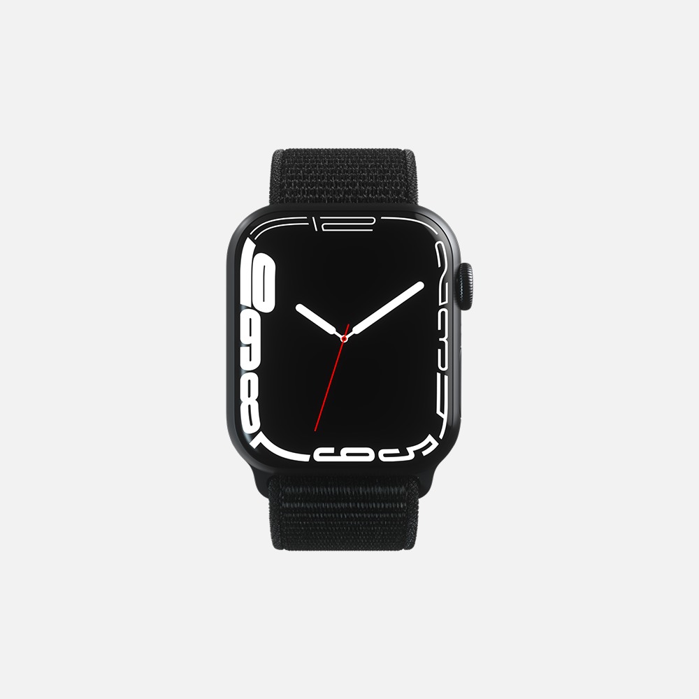 Smartwatch with black case and black loop band on white background