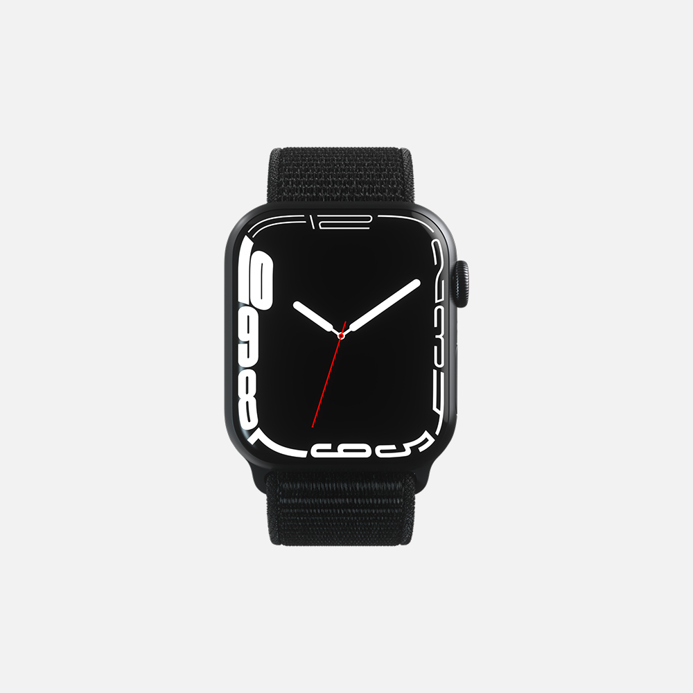 Smartwatch with black case and black loop band on white background