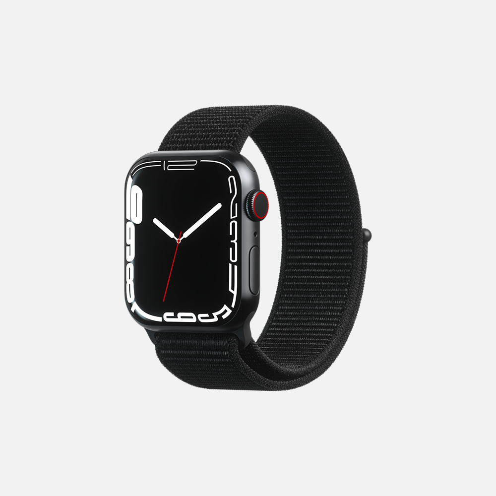 Black smartwatch with red button and black woven band on white