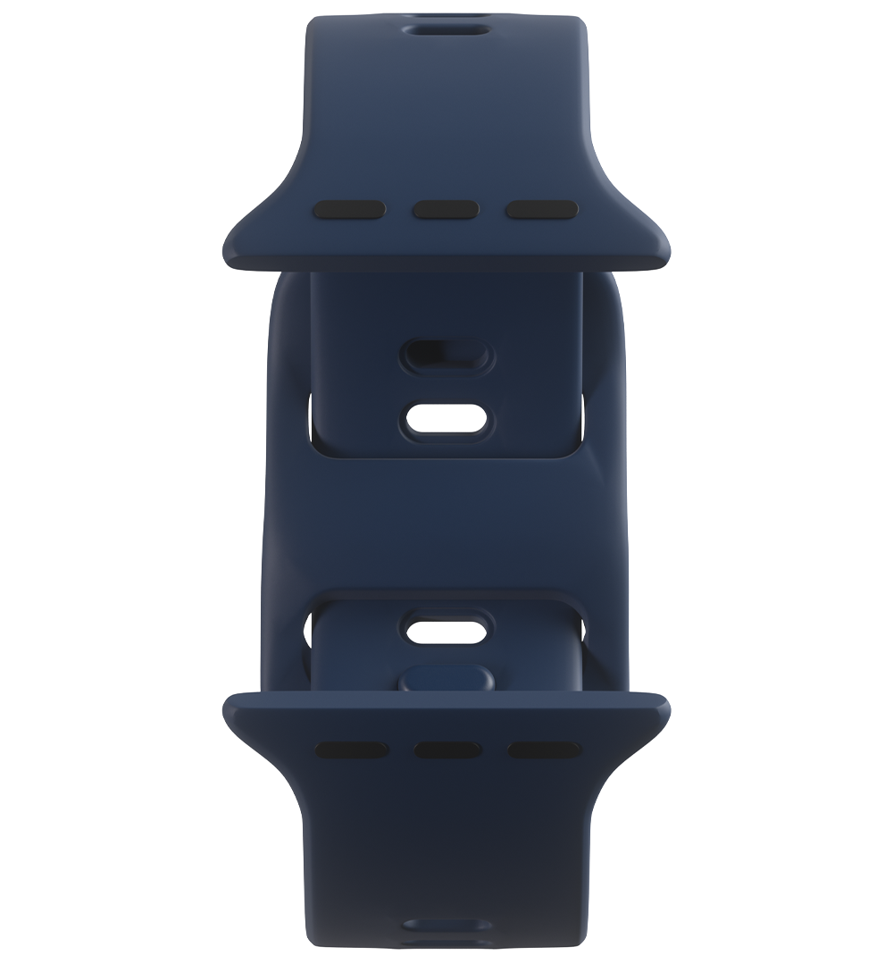 Blue silicone smartwatch band isolated on white background.