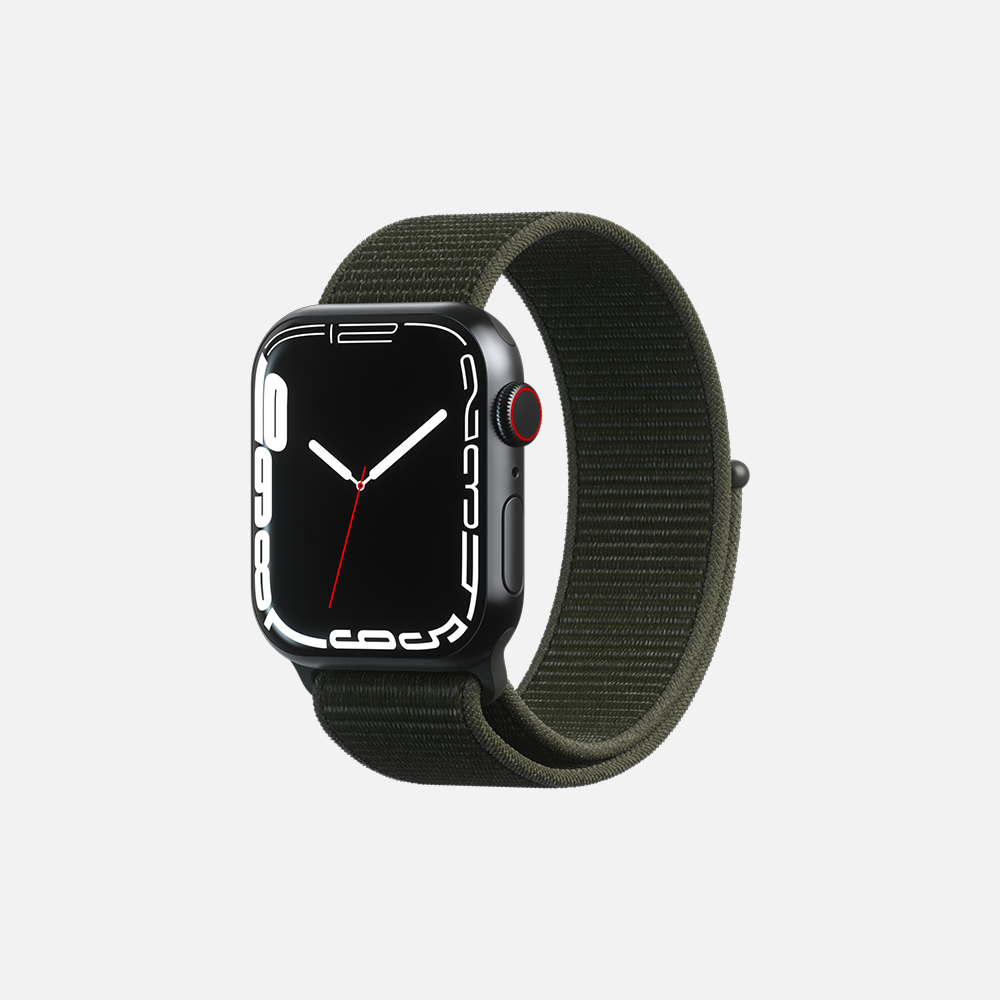Side profile of smartwatch with olive band and red crown on white