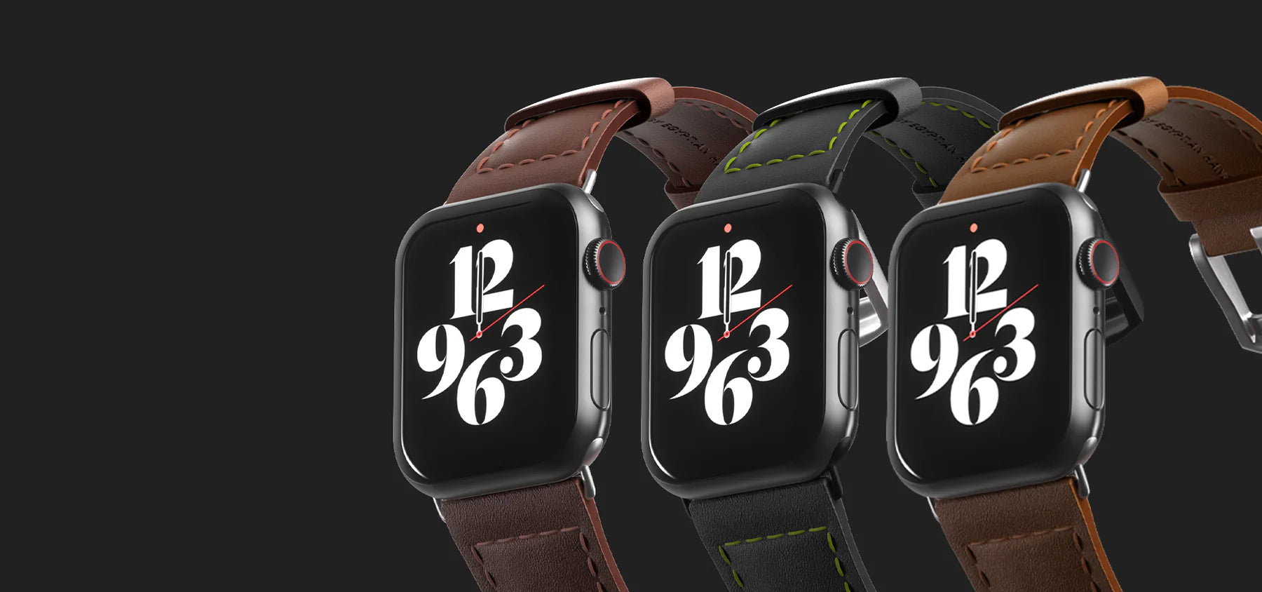 Three trendy apple watches on display on a black background