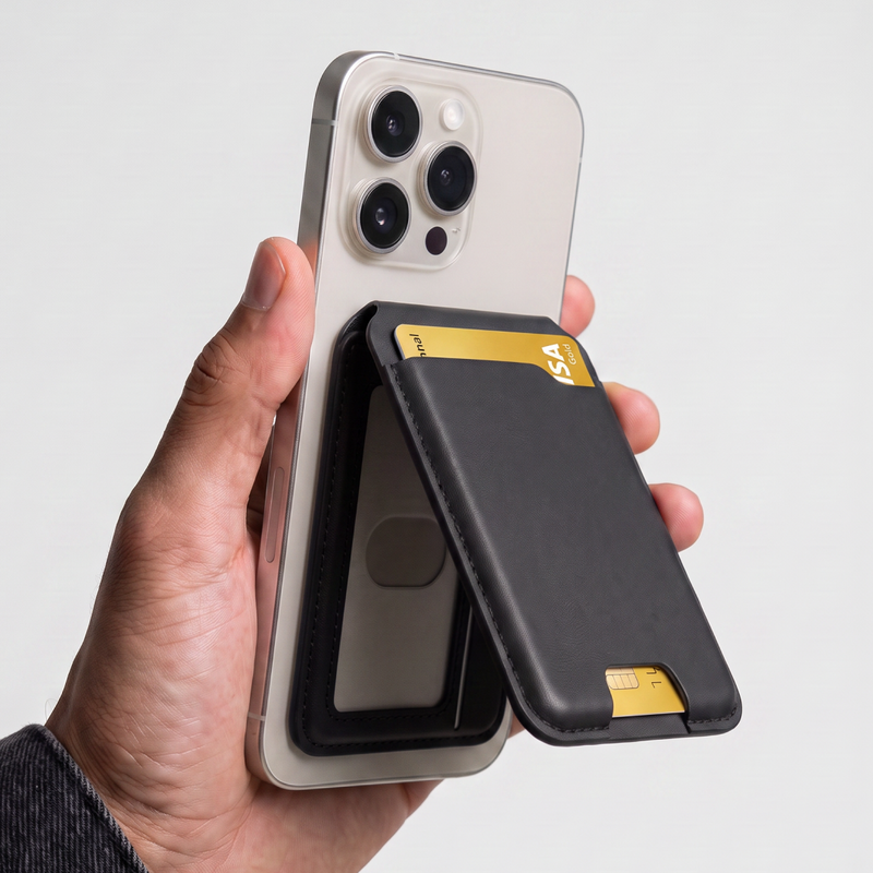 FindMe Card Holder used as a phone stand
