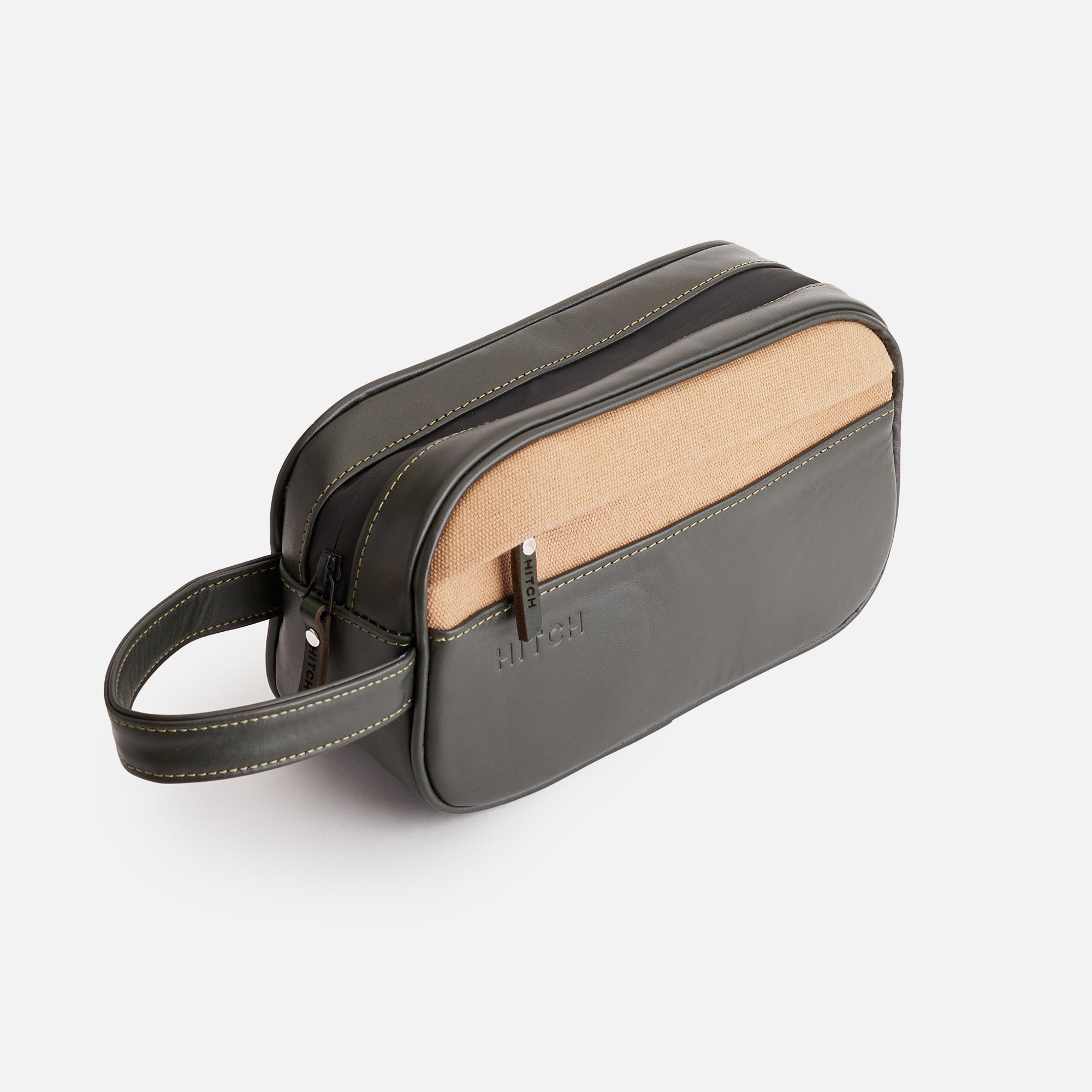 Premium Dopp Kit - Natural Leather - Dark olive/Beige