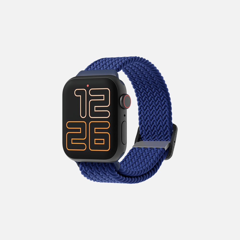Smartwatch with orange digital display and blue braided loop on white background.