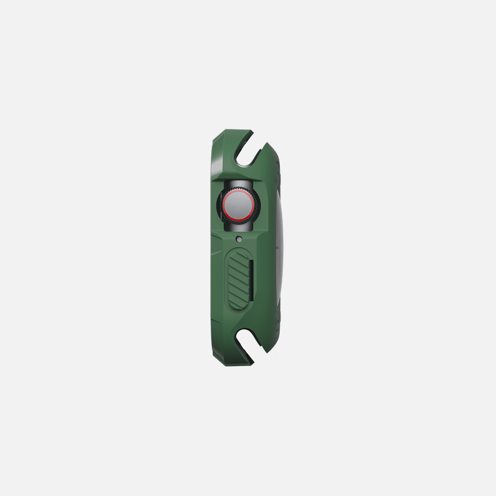 Green multi-tool with a carabiner and flashlight on a white background.