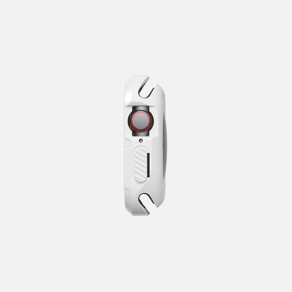 Modern white multi-tool with red detail isolated on white background."