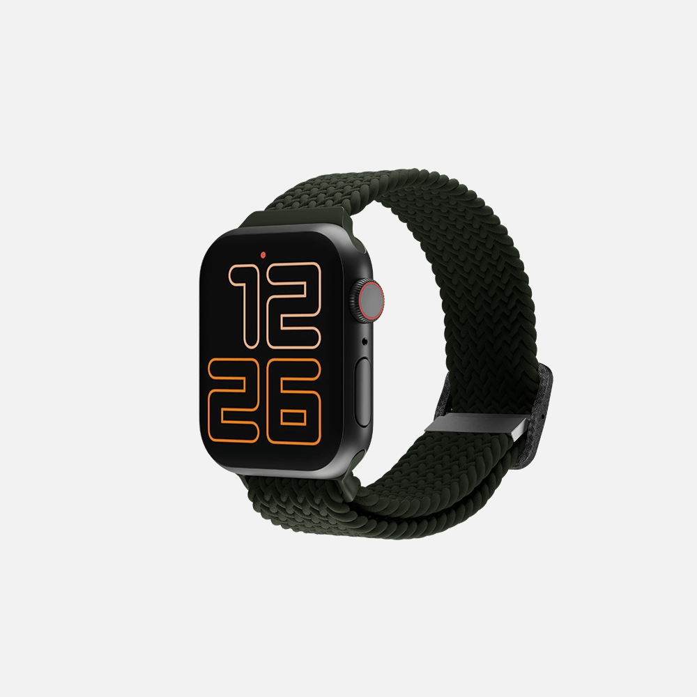 Front view of smartwatch with sensor and braided green strap