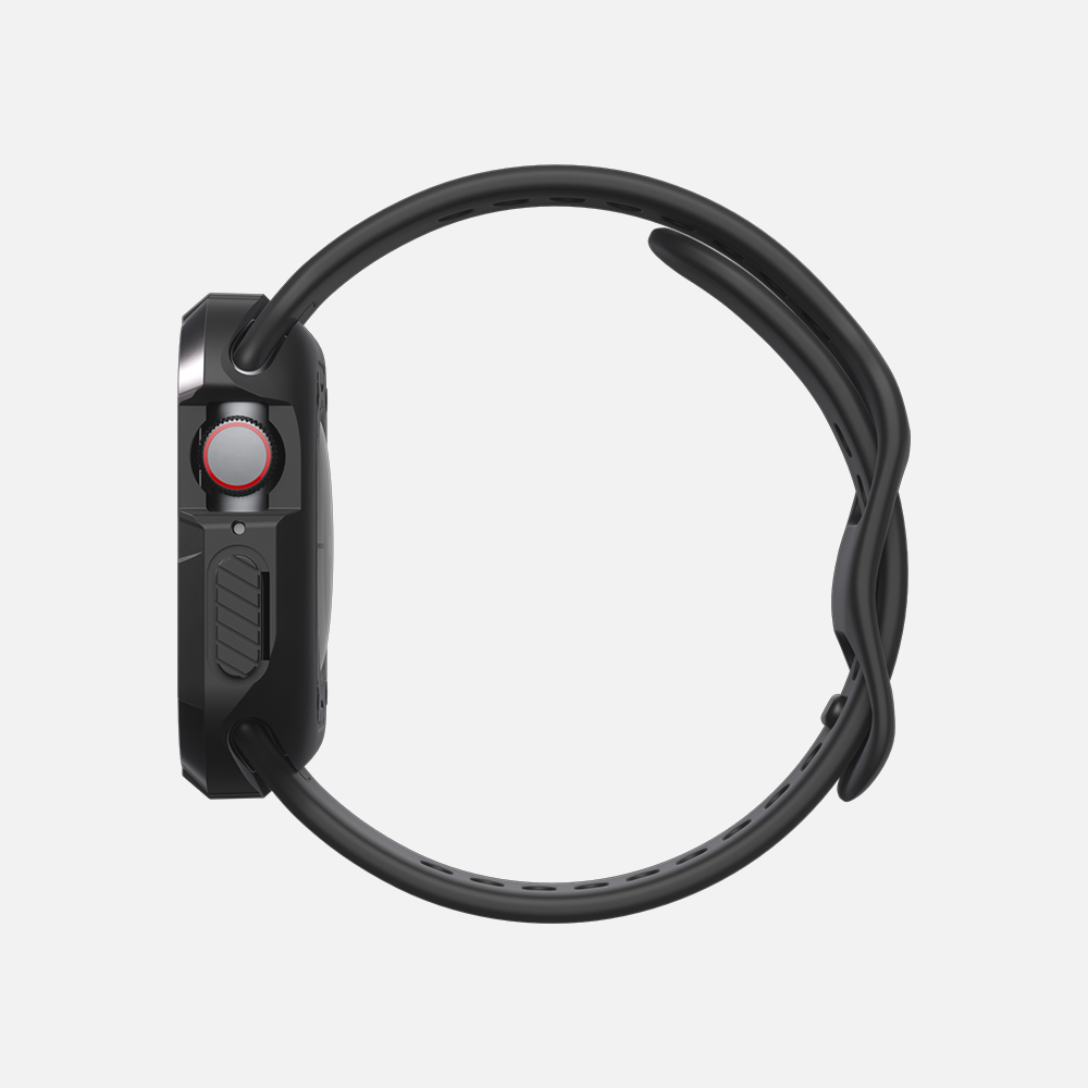Black smartwatch with red crown button and sports band on white background.