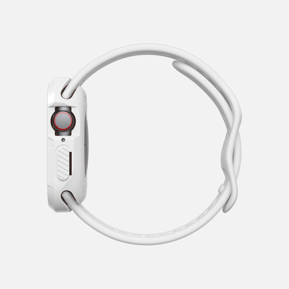 Side view of a white smartwatch with red digital crown on a white background.