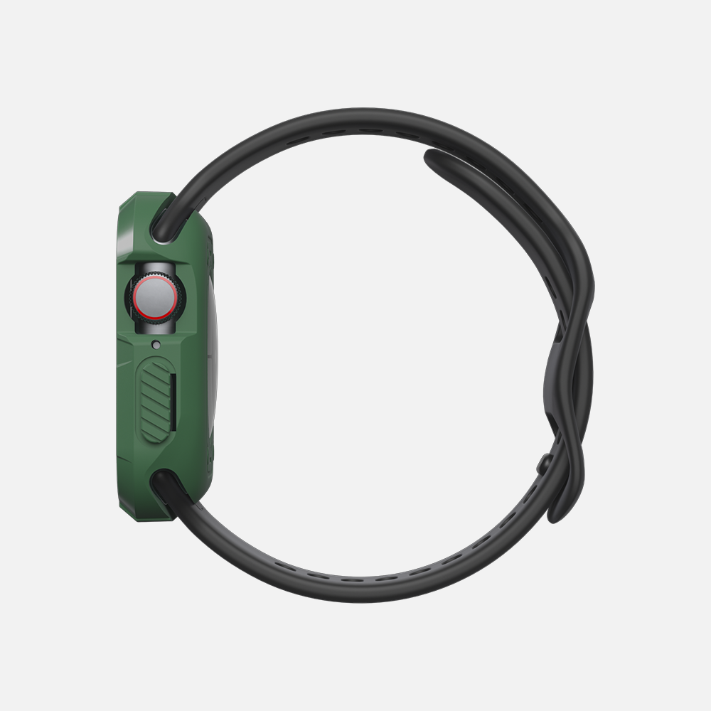 Side view of smartwatch with protective green case 