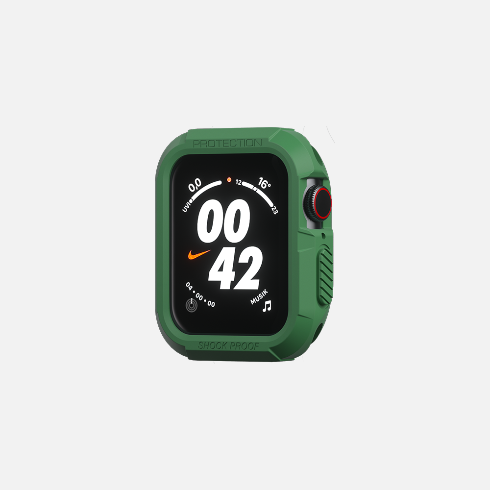 Green Nike-branded sports watch displaying time, shock-proof feature, isolated on white.