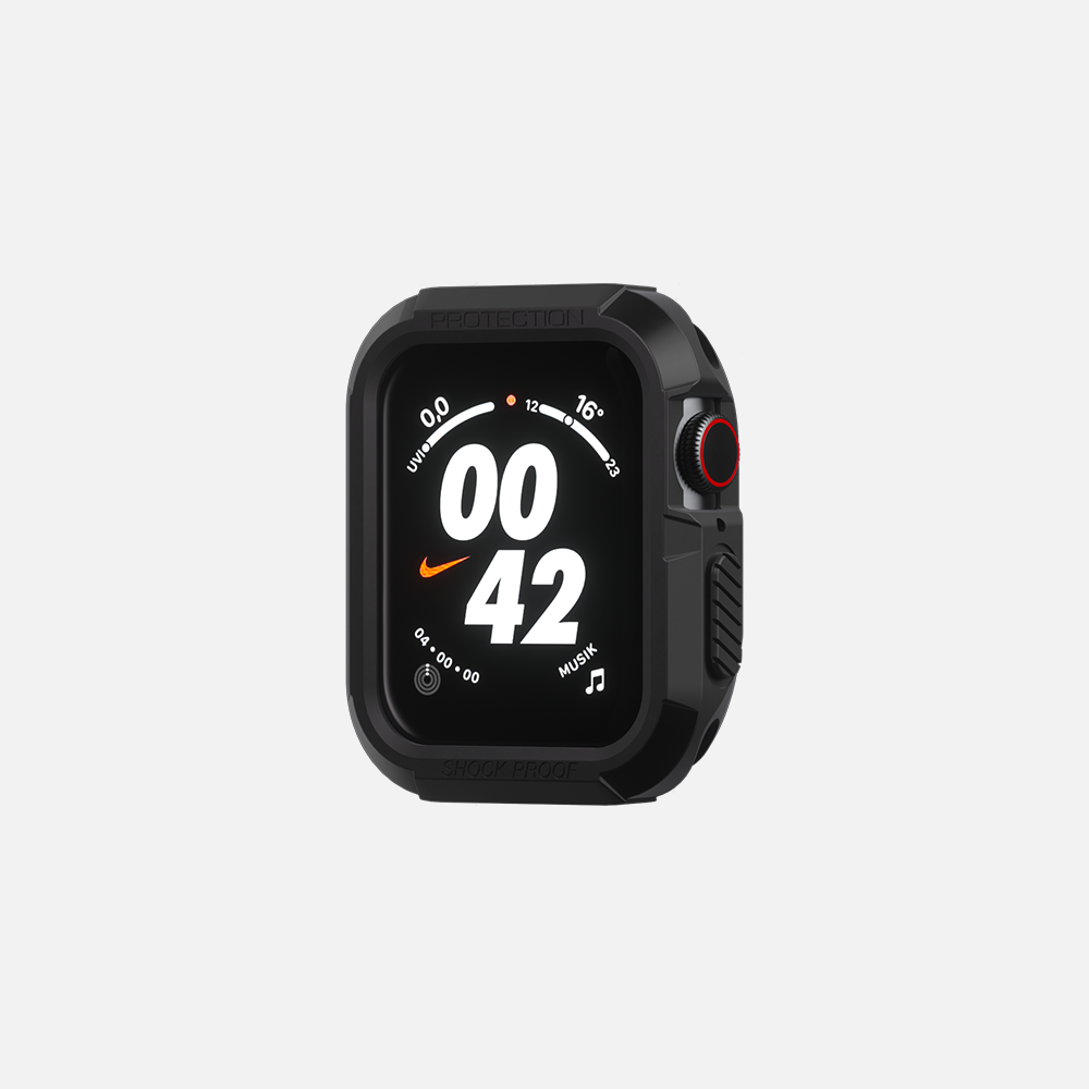 Black Nike-branded sports smartwatch with shockproof protection, digital display, and red side button.