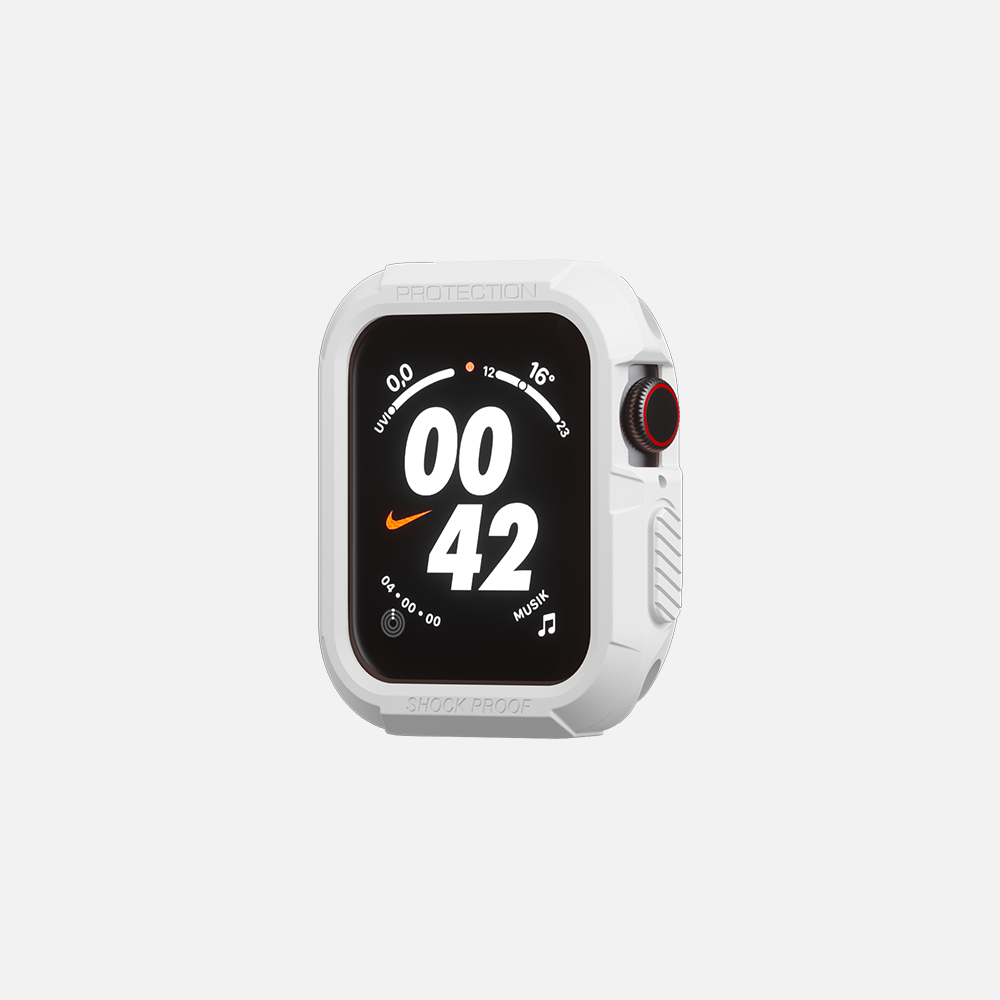 White Nike-branded sports watch with digital display isolated on white background.