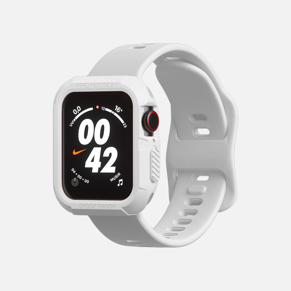 White smartwatch with Nike logo on the display and a red digital crown."