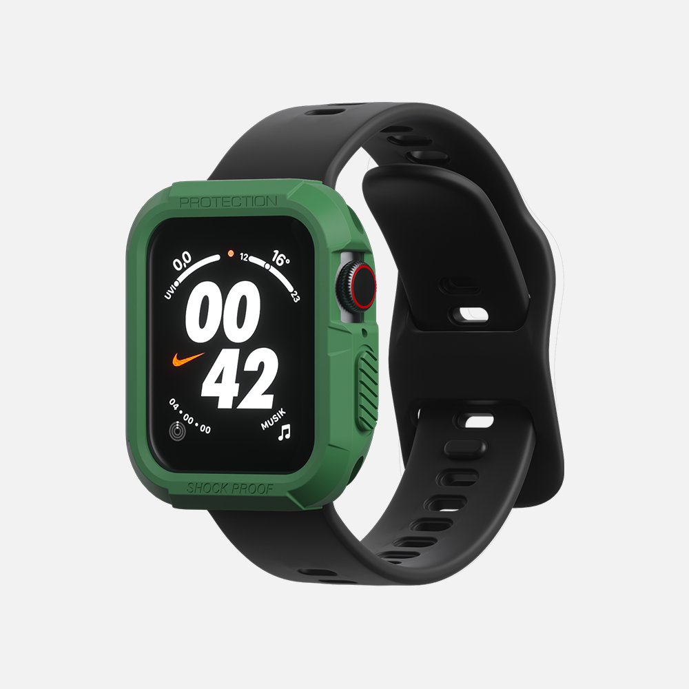 Green and black smartwatch showing Nike logo and time on display, sporty design, shock proof.