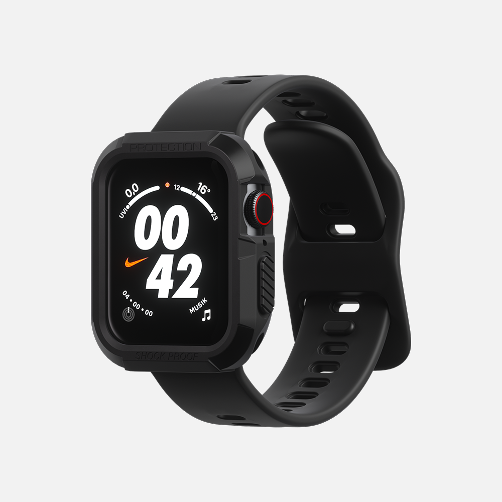 Black smartwatch with digital display and sporty black silicone band on white background.