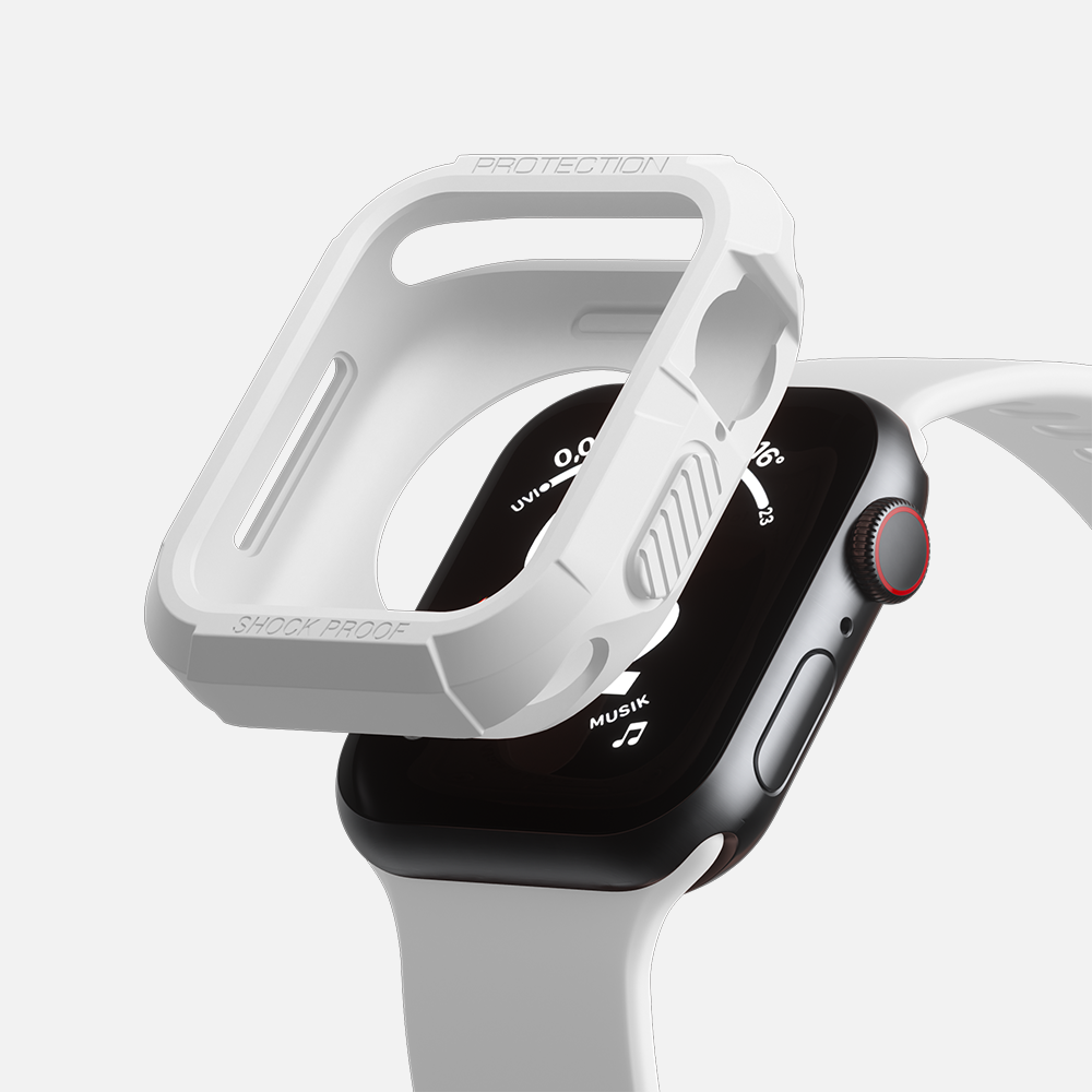 White shockproof protection case for a smartwatch with a visible digital crown and side button.