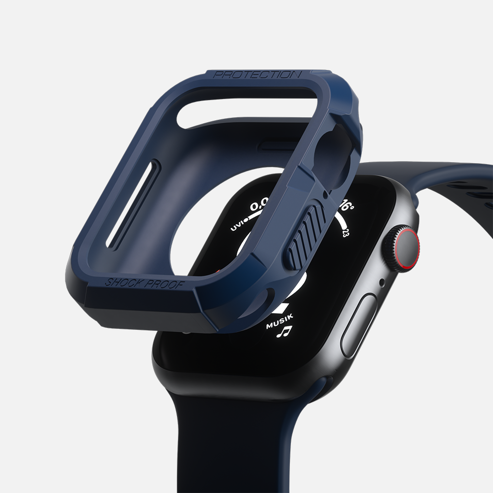 Close-up of a modern smartwatch with blue shock-proof case highlighting durability features."