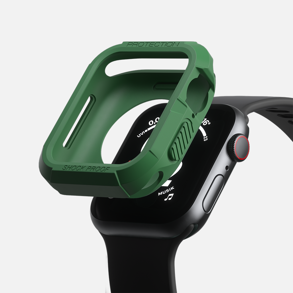 Green shockproof protective case for smartwatch displayed next to the device.