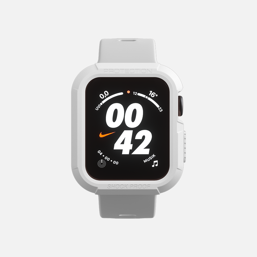 White smartwatch with digital display showing time and Nike logo on white background.