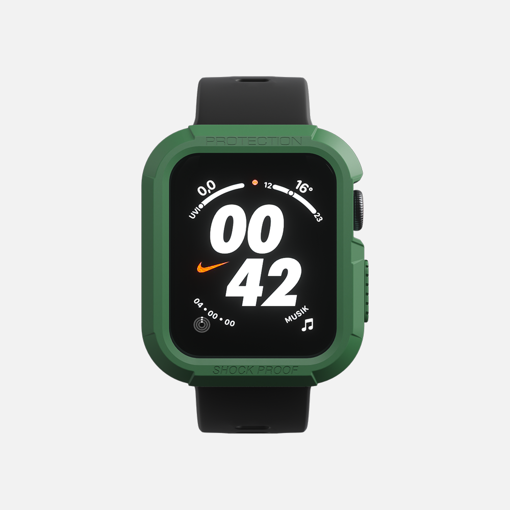 Green Nike-branded sports watch displaying time with shock proof feature.