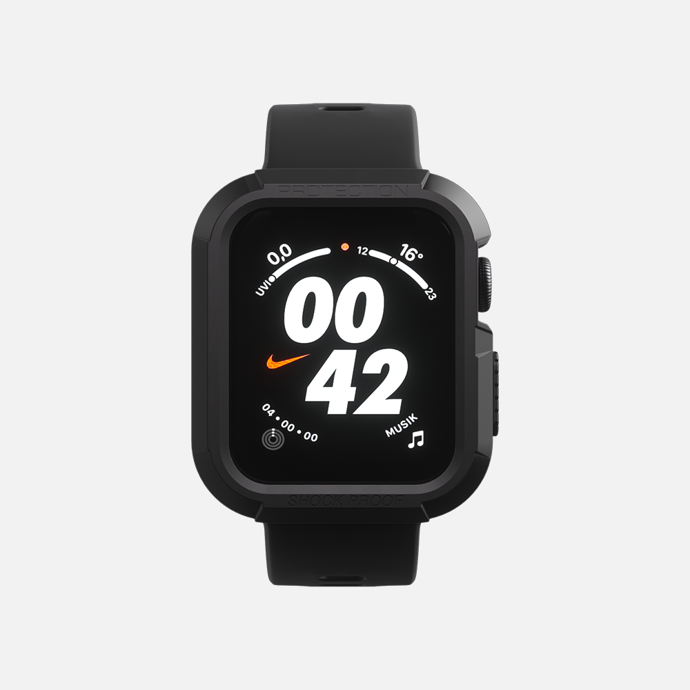 Black smartwatch displaying time on a white background.
