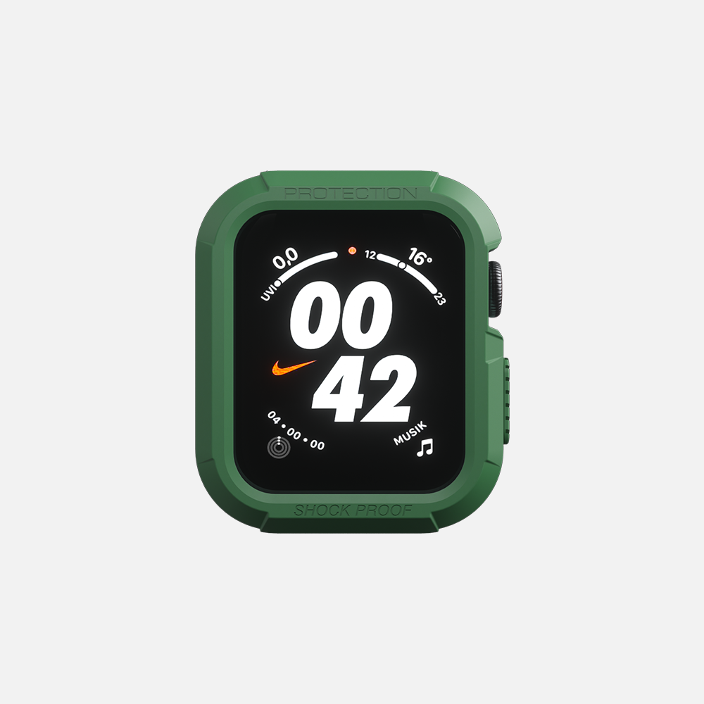 Green smartwatch with Nike logo, showing time 00:42 and shock proof feature on display.
