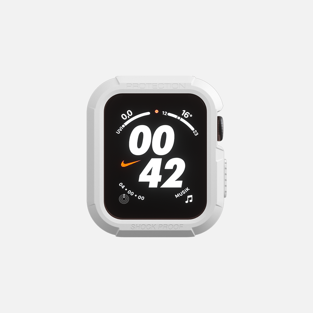 Nike-branded smartwatch displaying time on a white background.
