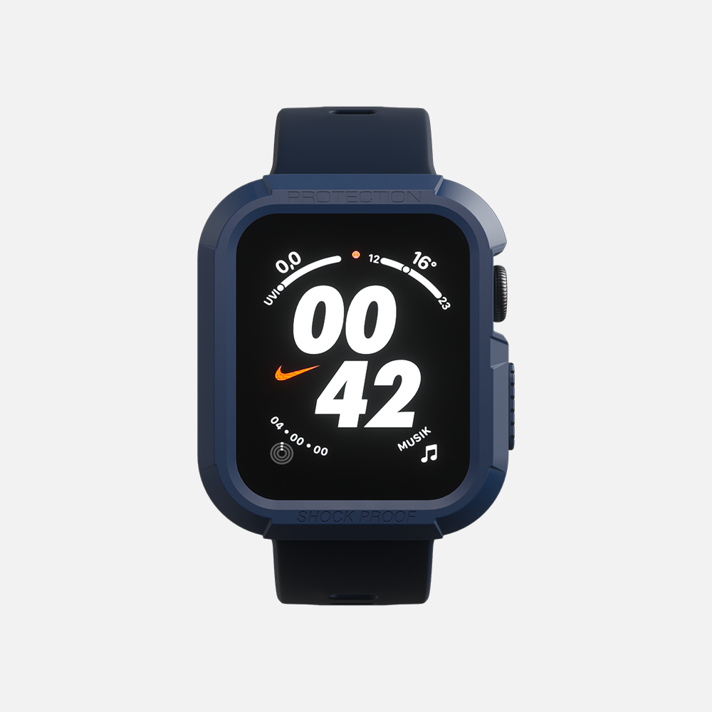 Nike-branded smartwatch showing digital time of 00:42 on a black screen, with a blue strap and shockproof design."