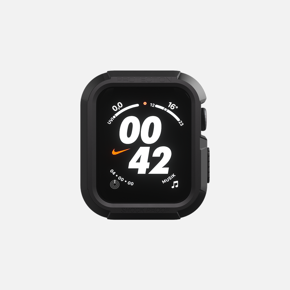 Nike-branded smartwatch displaying time with shock-proof protection on white background.