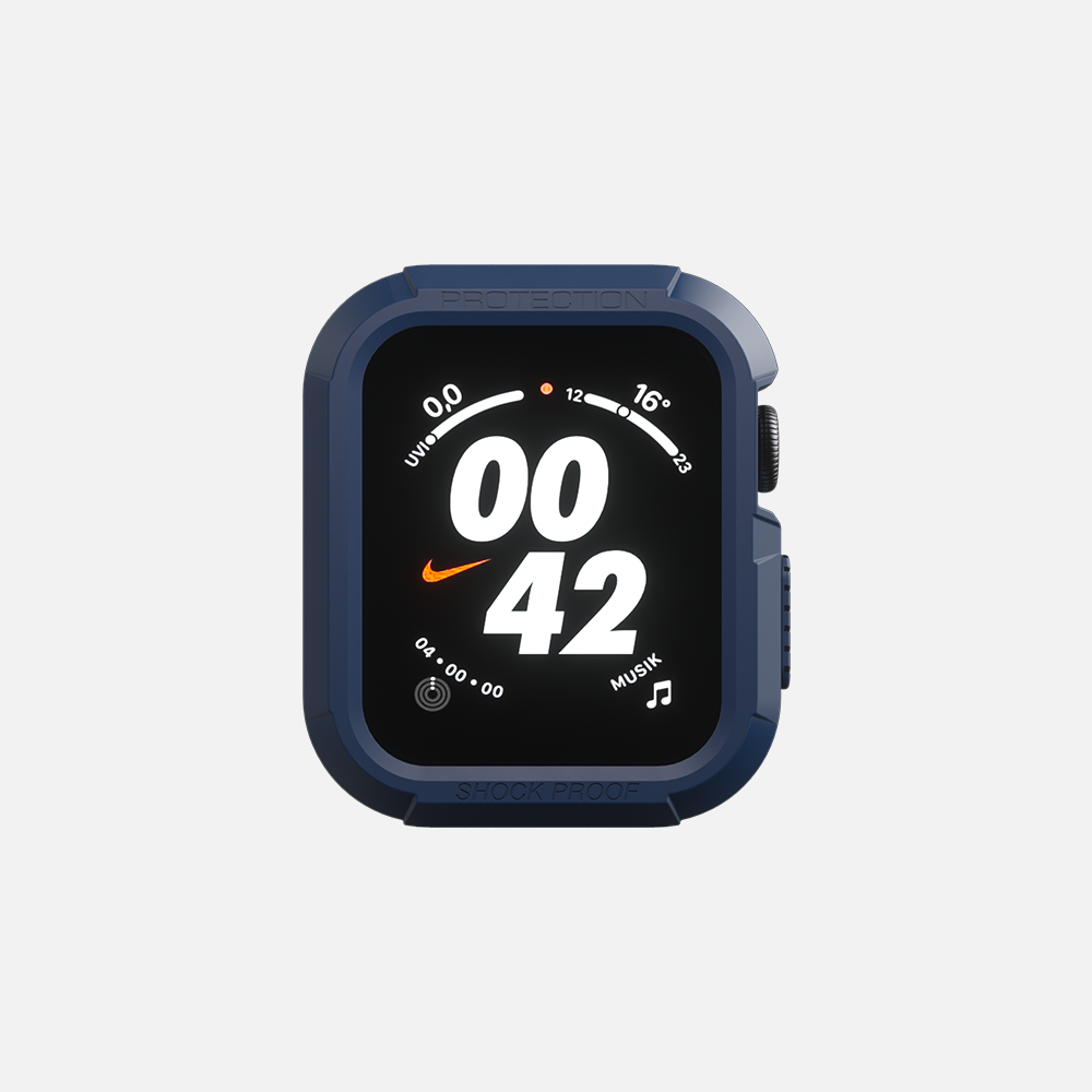 Blue smartwatch with digital display showing time and fitness icons, Nike logo, isolated on white.