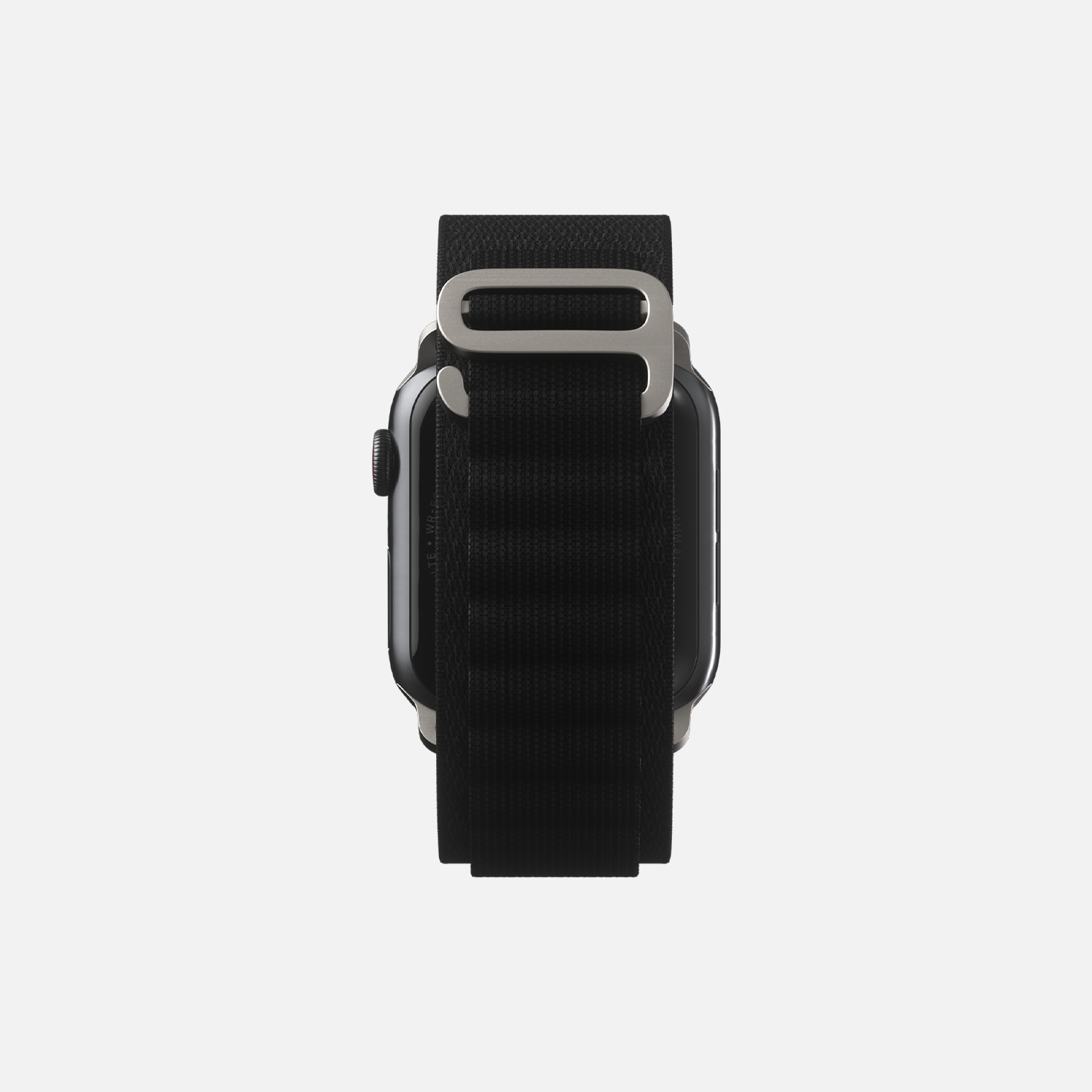 Rear view of a black smartwatch with fabric strap isolated on a white background.
