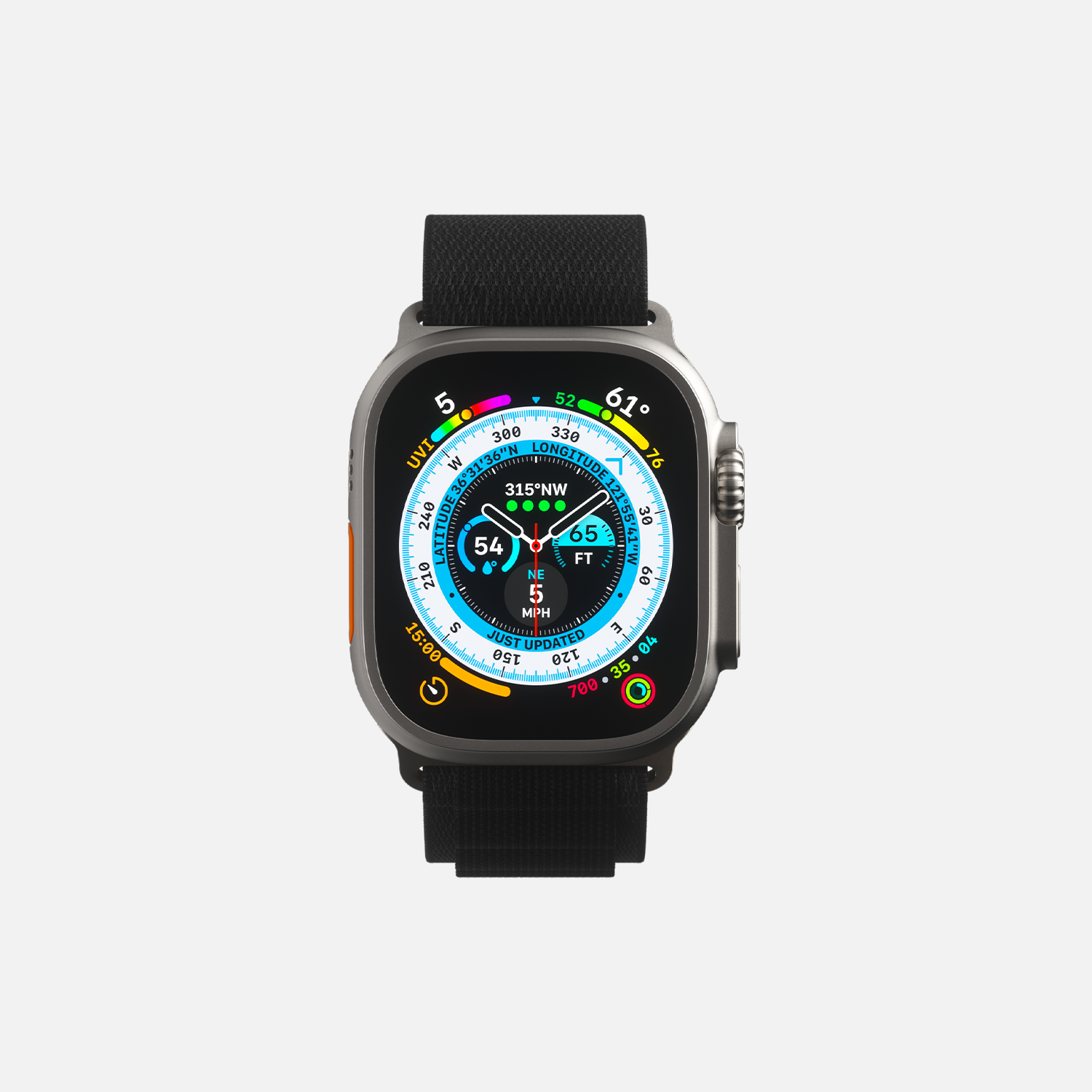 Smartwatch with colorful display showing compass and altitude, isolated on white background.