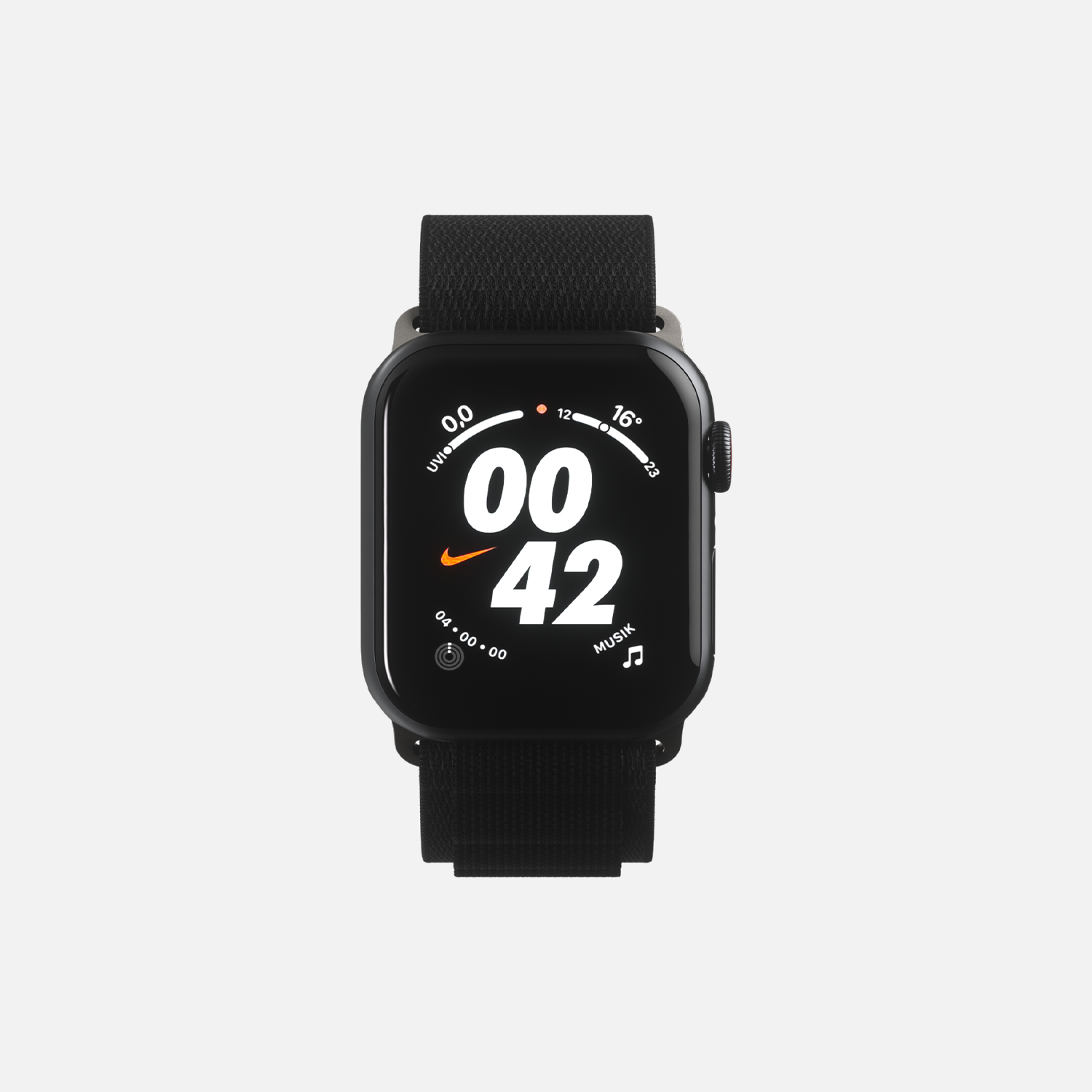 Black smartwatch with Nike logo, displaying time and music icon on a white background.