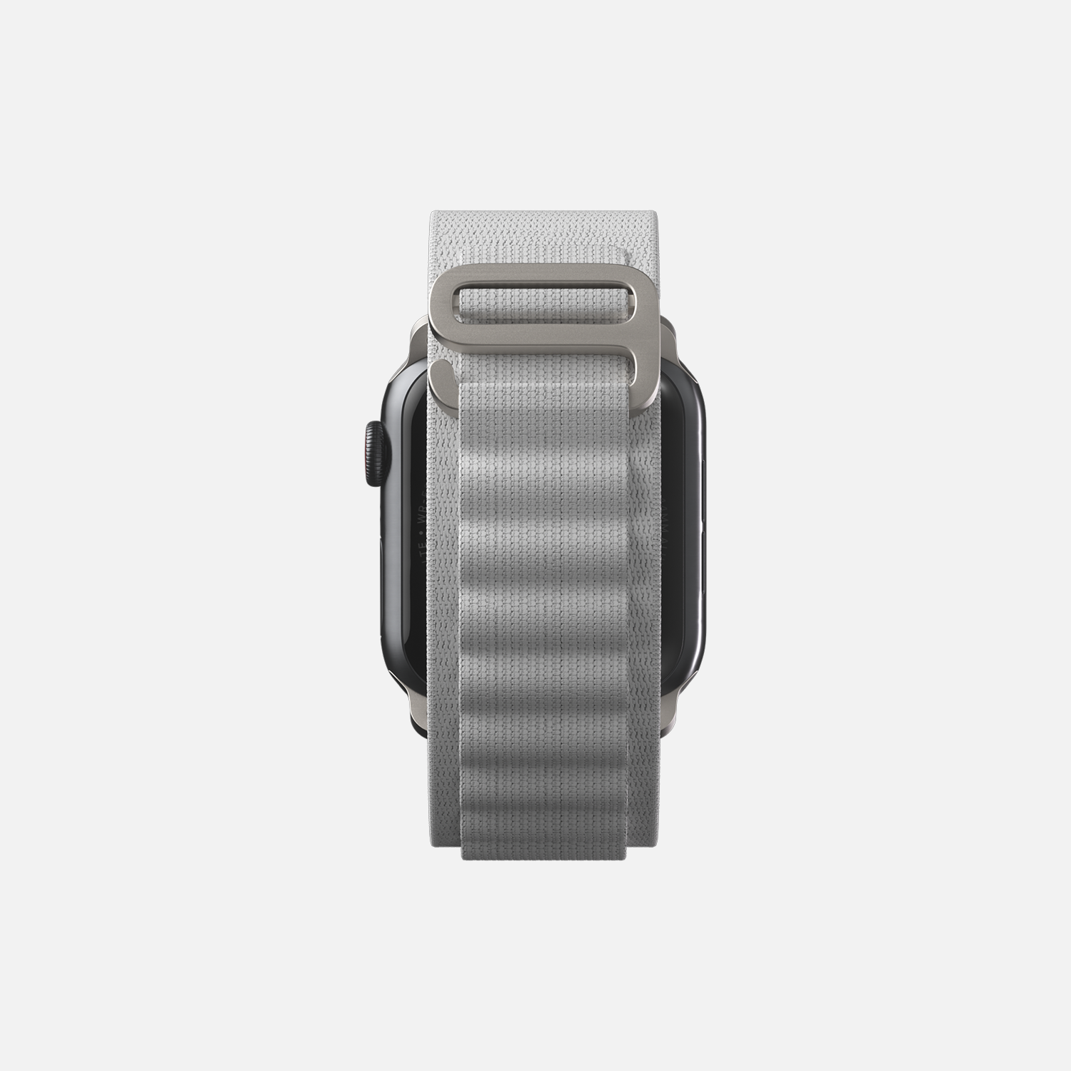 Rear view of a silver smartwatch with woven nylon band on white background.