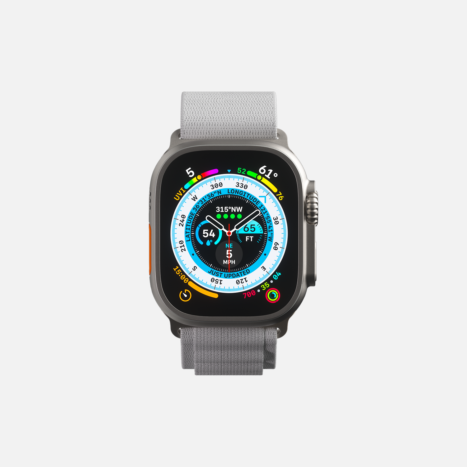 Smartwatch with colorful display featuring compass and weather functions on a gray strap."