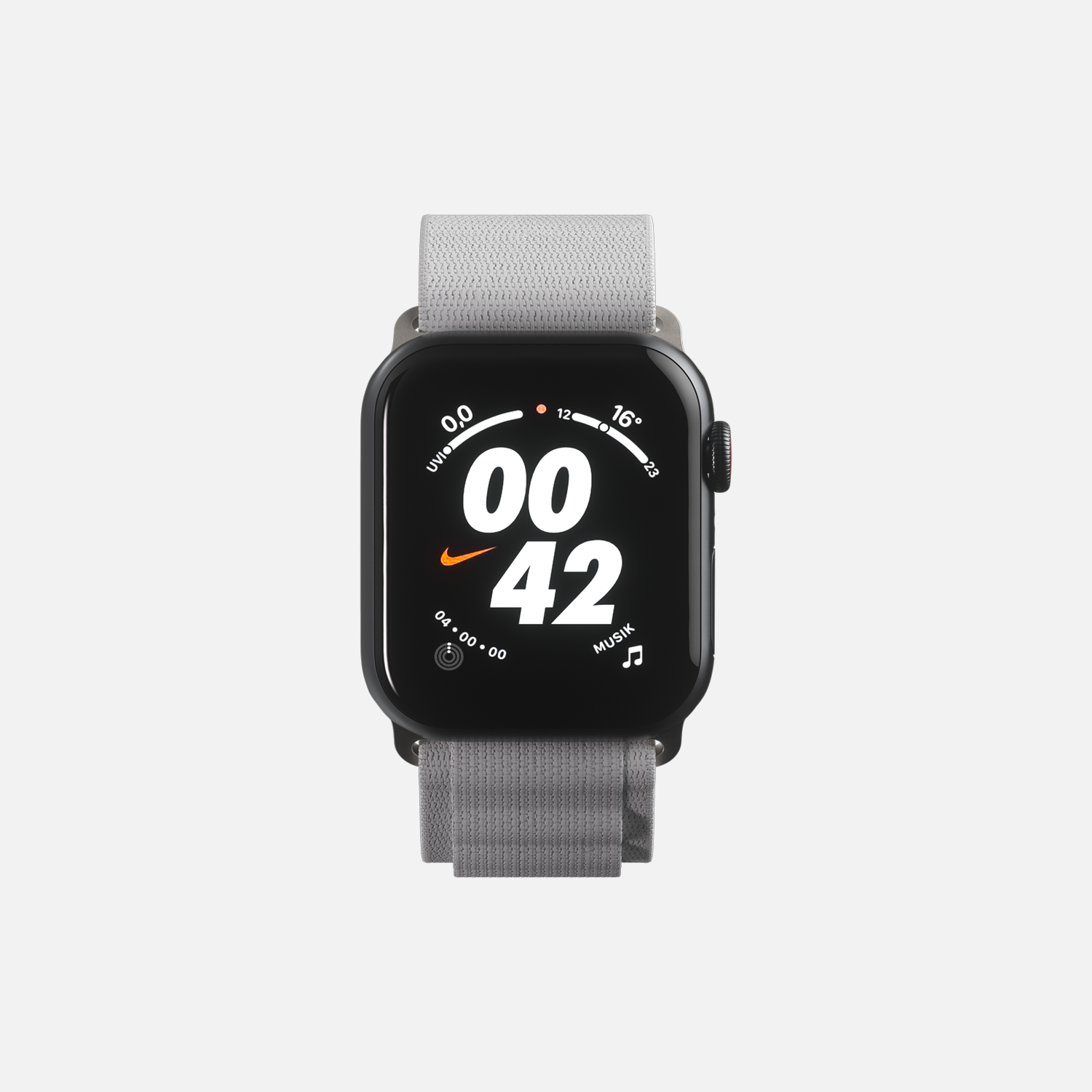 Smartwatch with Nike interface and gray strap showcasing time and fitness metrics"
