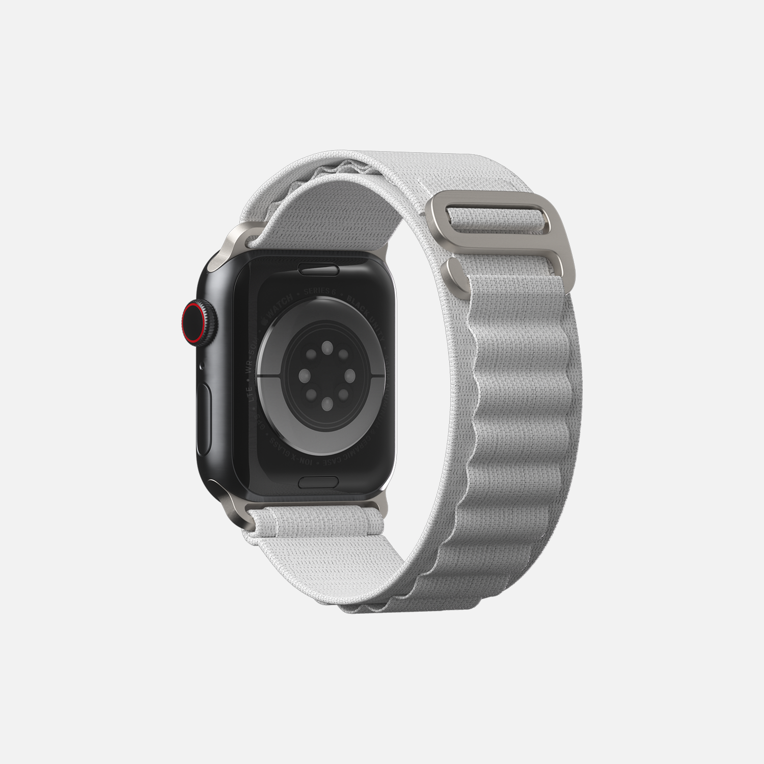 Rear view of a smartwatch with white sport band and digital crown on a white background."