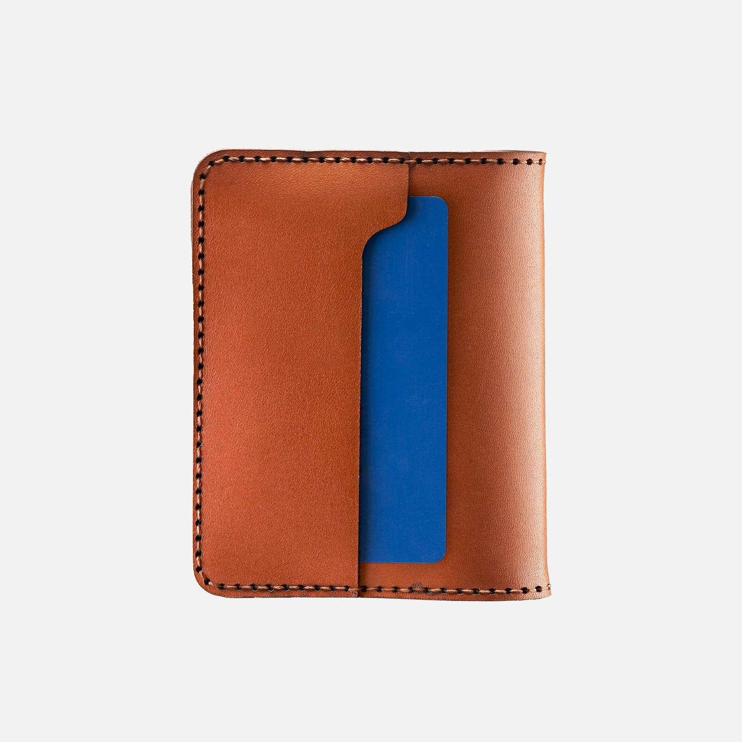 Brown leather bifold wallet with blue card insert isolated on white background.