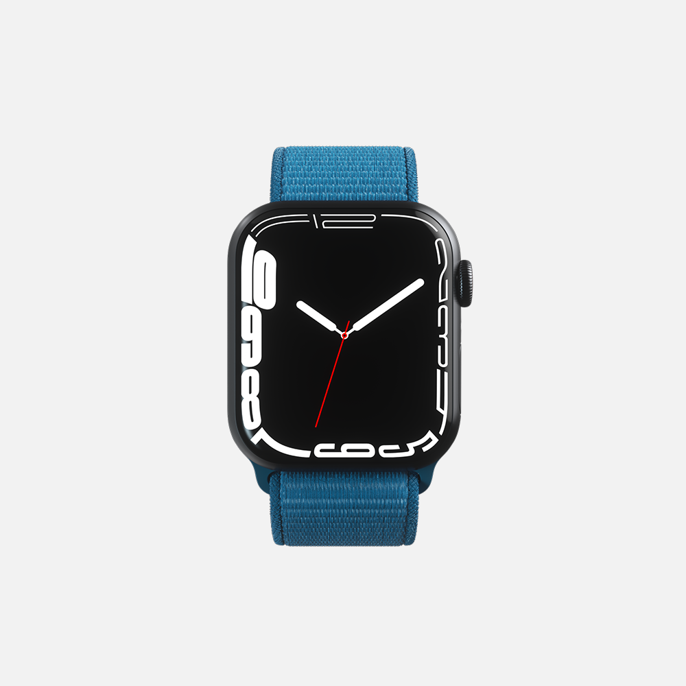 Smartwatch with blue strap and black display featuring analog clock face design.