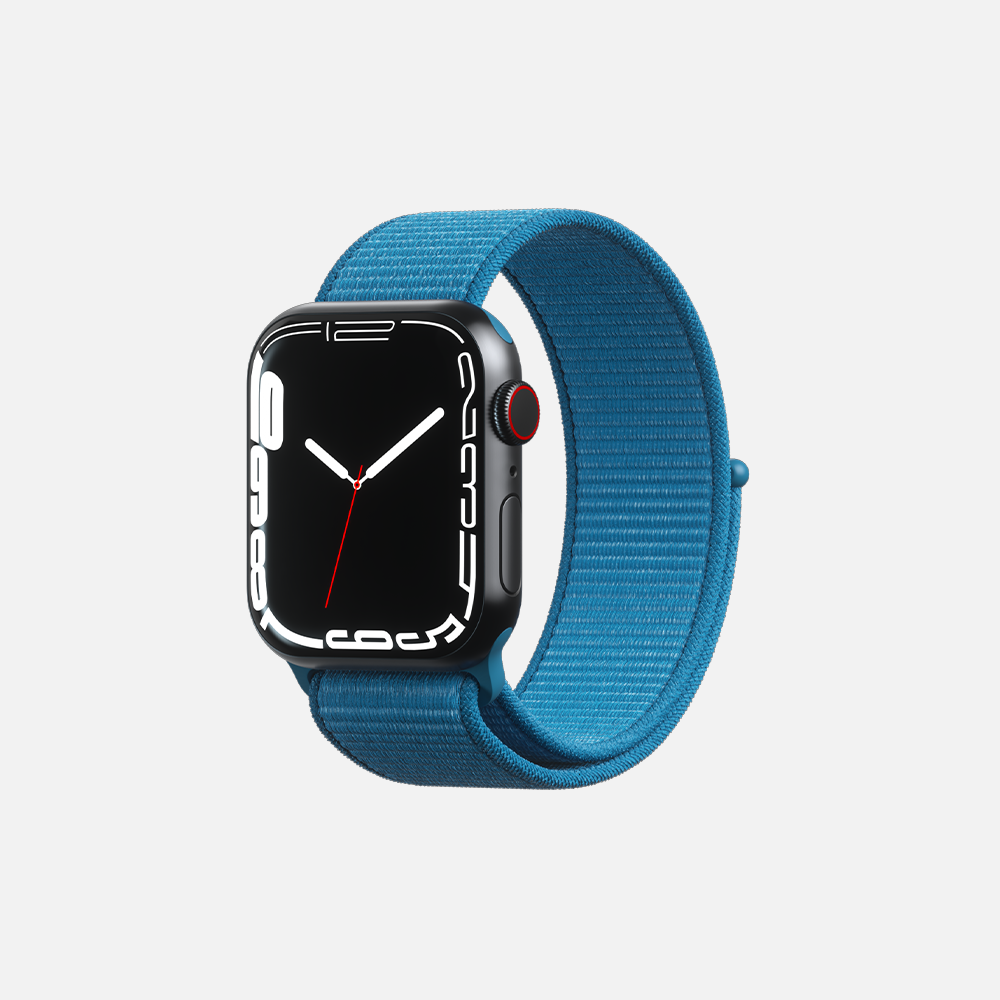 Smartwatch with blue strap featuring a sleek digital clock face on a white background."