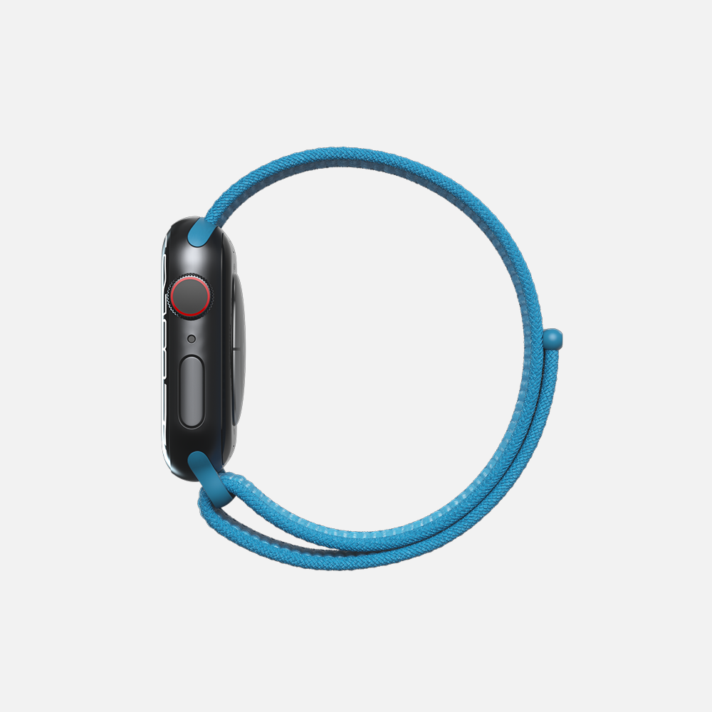 Side view of a blue smartwatch with a braided band on a white background.