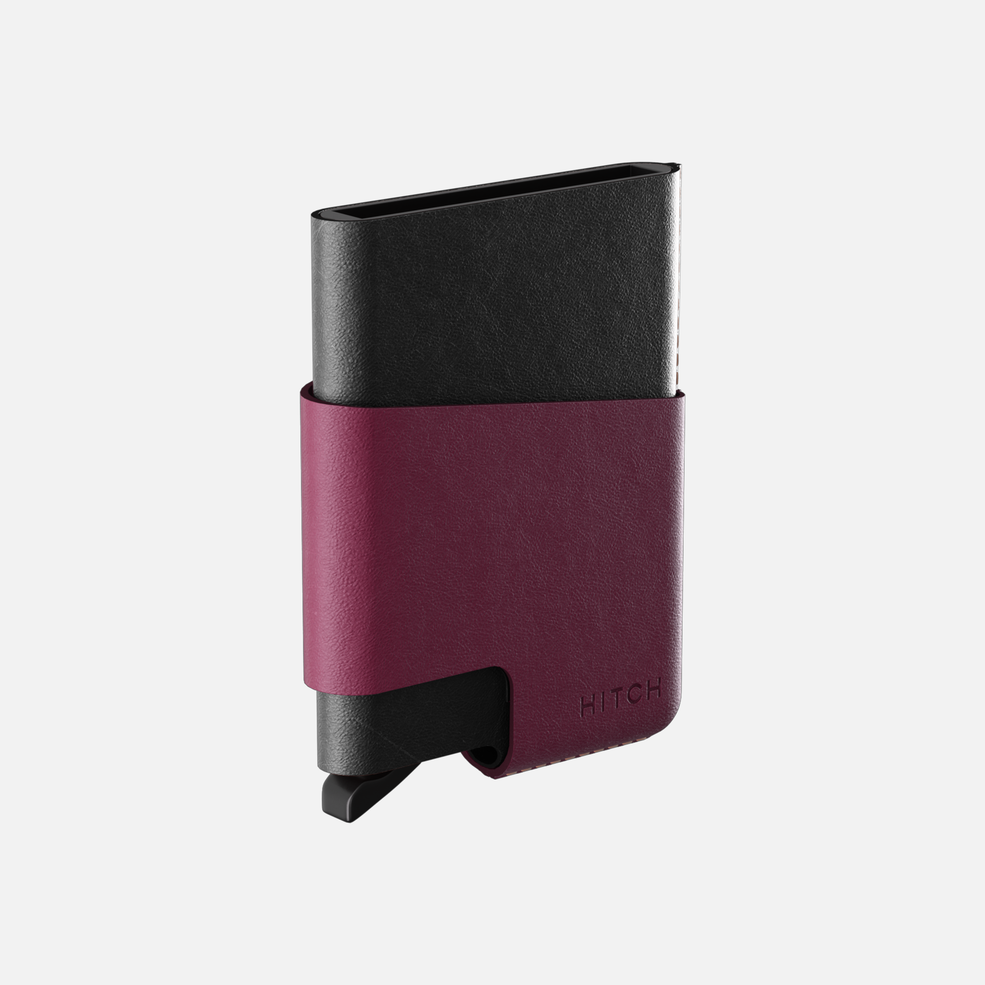 Black and burgundy Hitch wallet displayed on a white background.